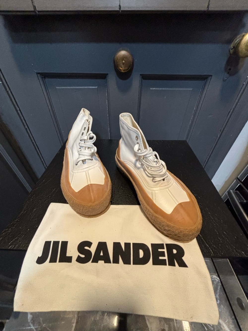 Jil Sander Cream and Brown High-Top Canvas Sneakers